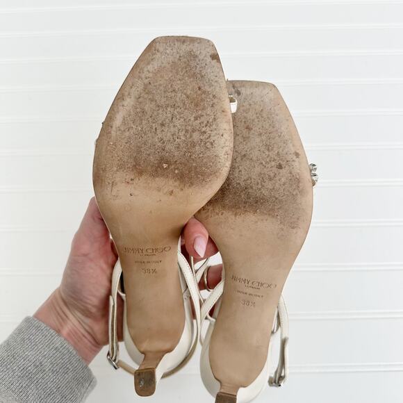 Jimmy Choo Meira 85 Heeled Sandals Off-White Latte Crystal Rhinestone Heels 38.5 - Picture 8 of 13